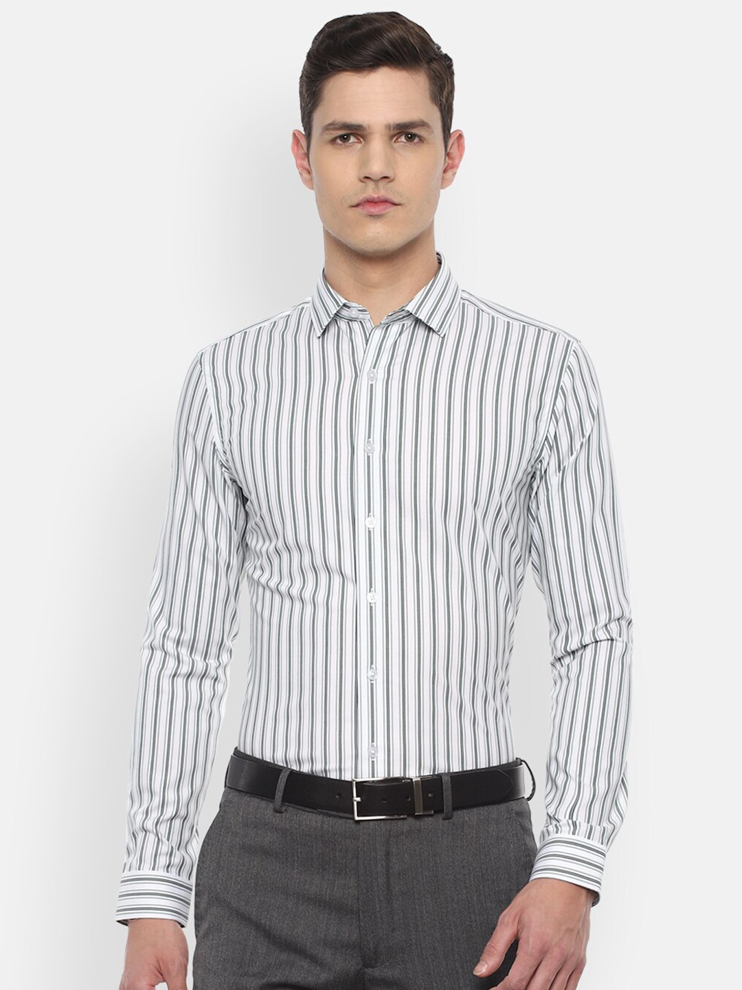 

Louis Philippe Men Grey Slim Fit Striped Formal Shirt