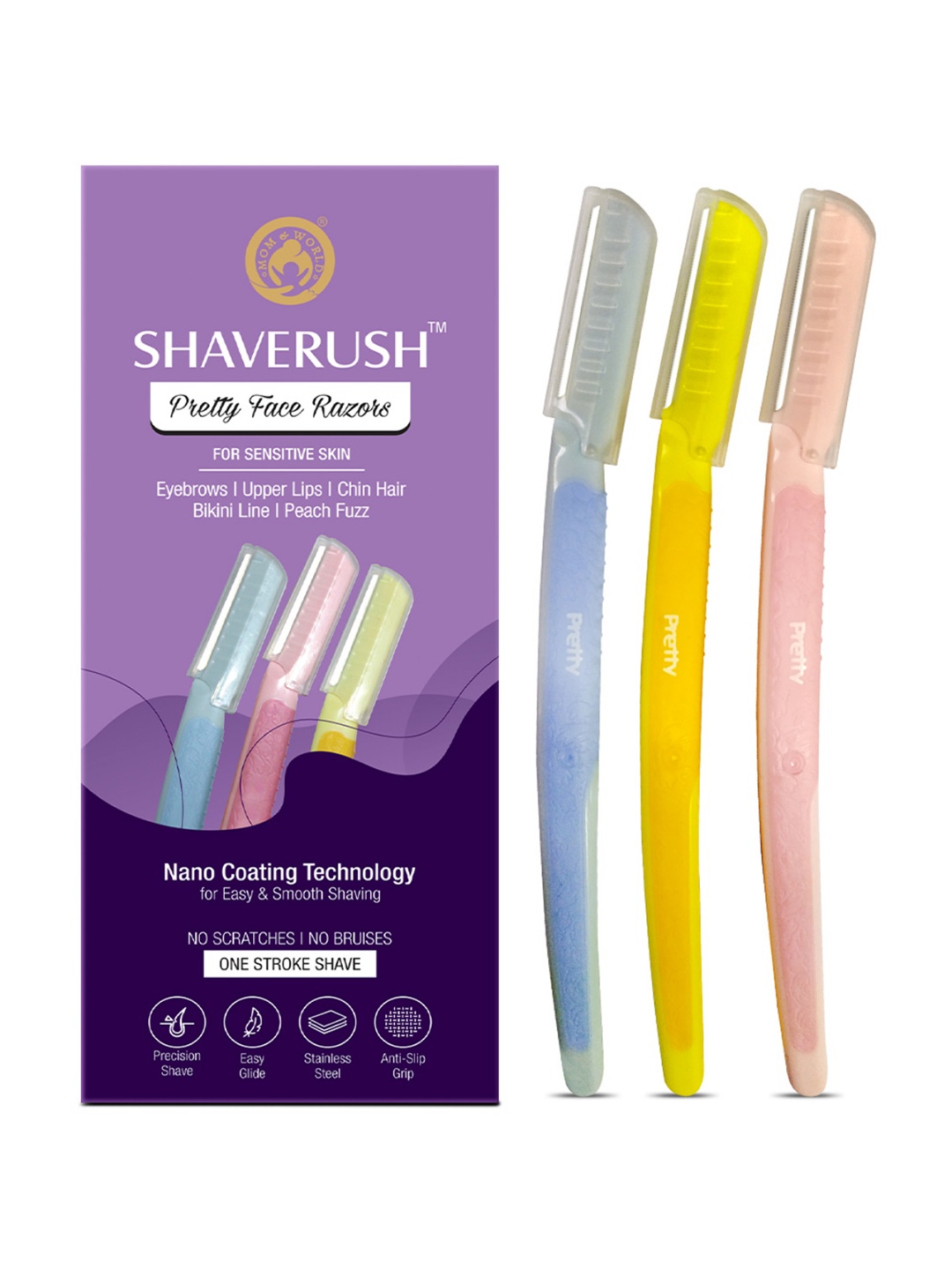 

Mom & World Set of 3 ShaveRush Face Razors For Sensitive Skin with Nano Coating Technology, Multi