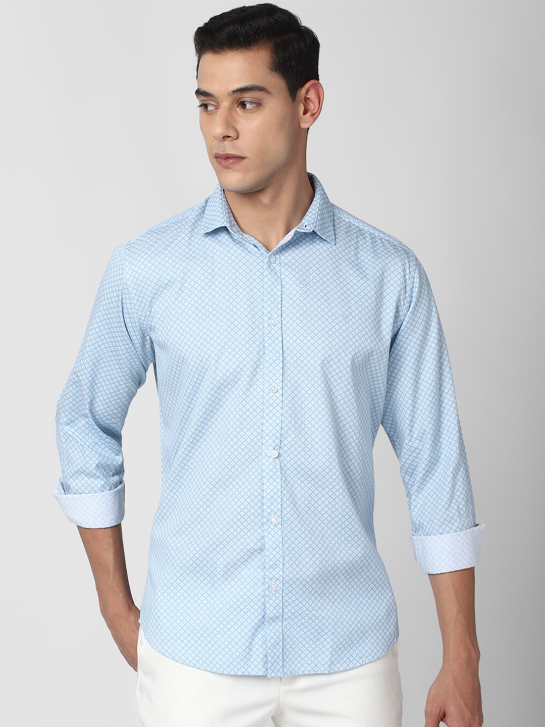 

V Dot Men Blue Slim Fit Printed Casual Cotton Shirt