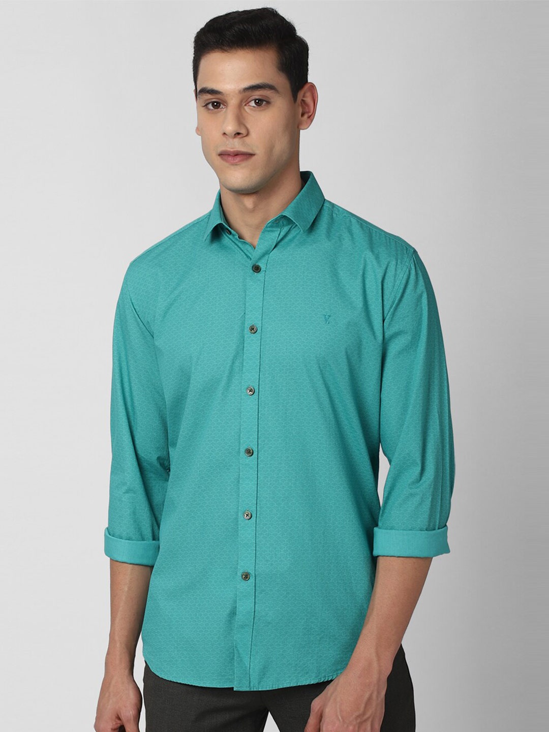

V Dot Men Sea Green Slim Fit Printed Pure Cotton Casual Shirt