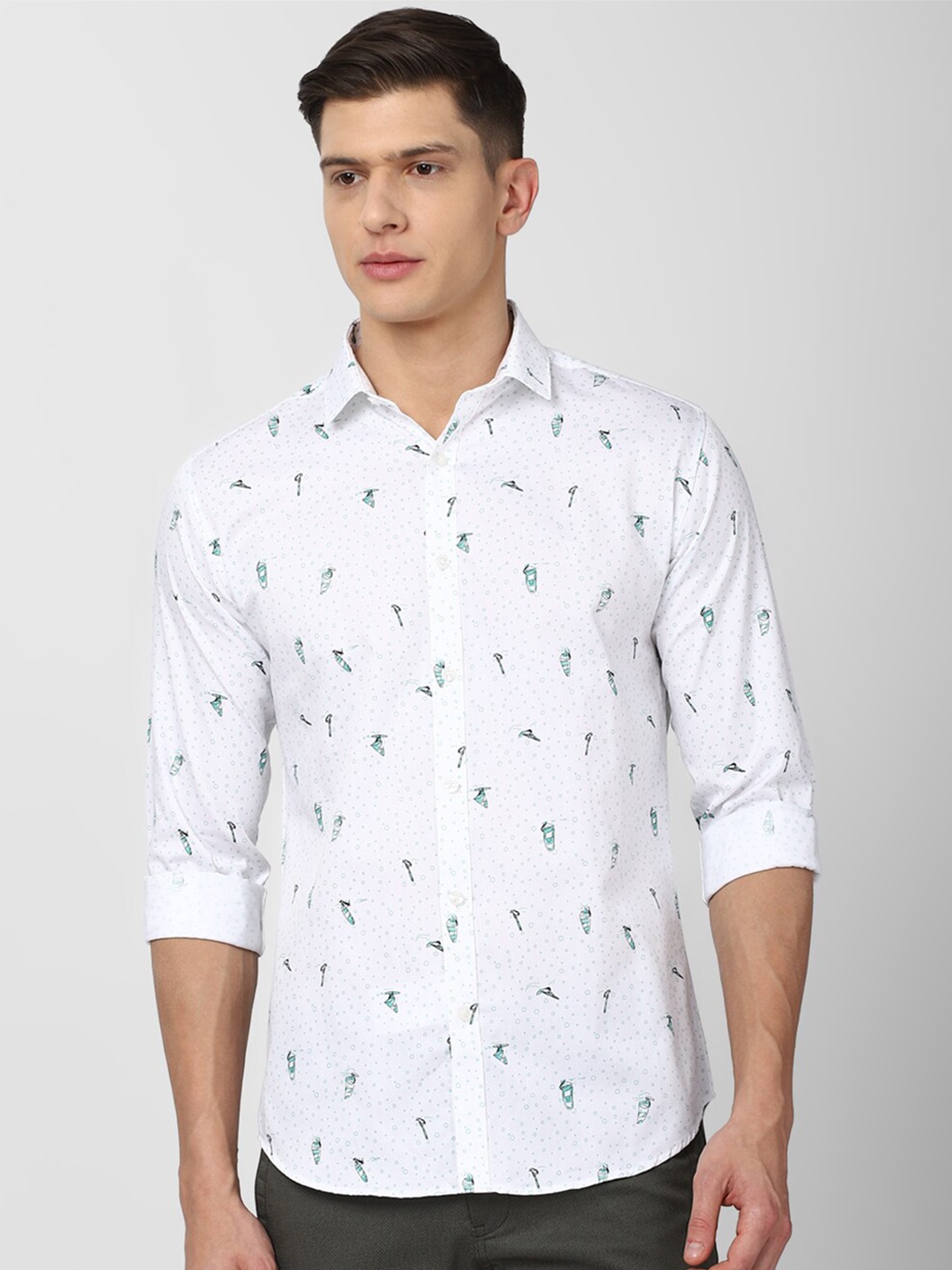 

V Dot Men White Slim Fit Printed Casual Shirt