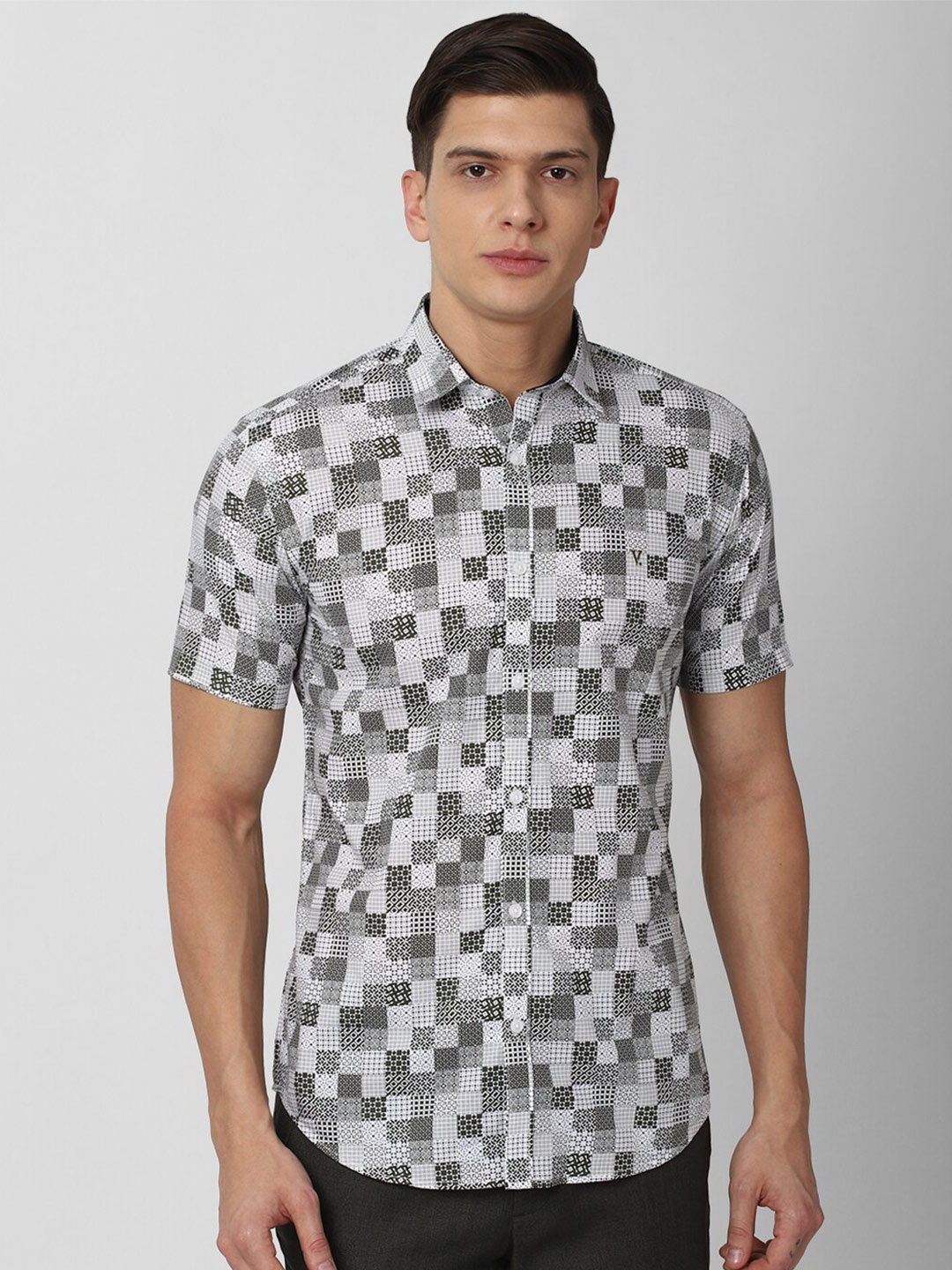 

V Dot Men Grey Slim Fit Printed Cotton Casual Shirt