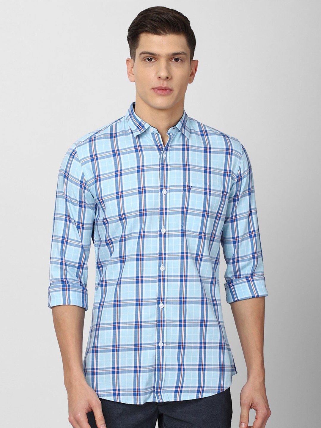 

Van Heusen Sport Men Blue & White Slim Fit Tartan Checks Pure Cotton Casual Shirt