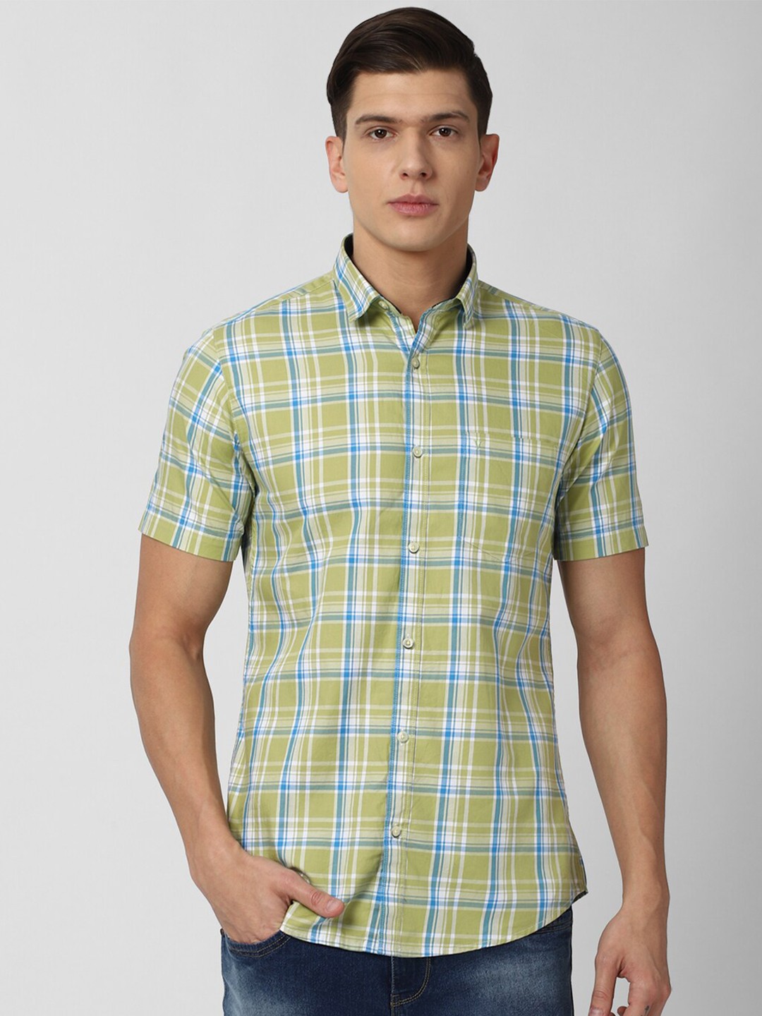 

Van Heusen Sport Men Olive Green & Blue Slim Fit Checked Pure Cotton Casual Shirt