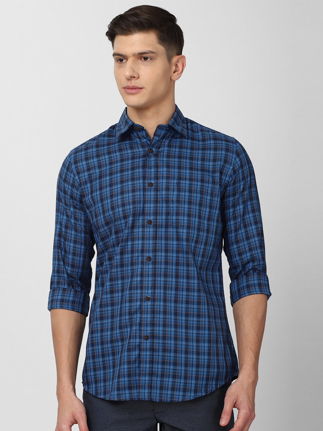 

Van Heusen Sport Men Blue & Yellow Slim Fit Checked Pure Cotton Casual Shirt