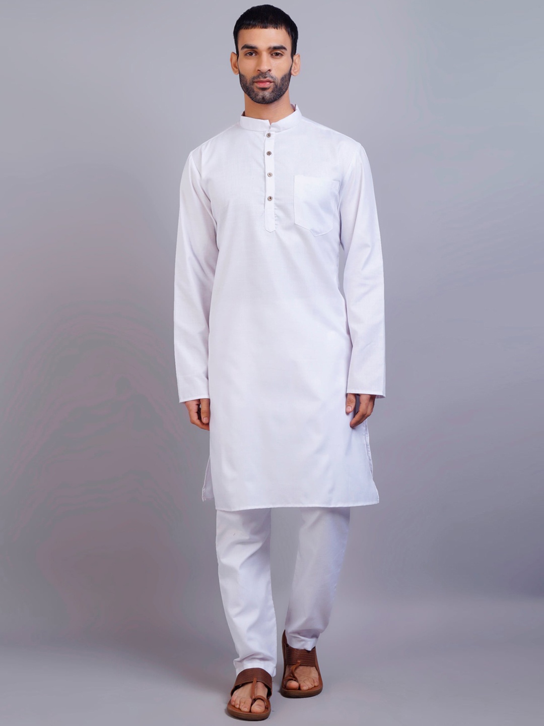 

GRACIT Men White Solid Cotton Silk Straight Kurta