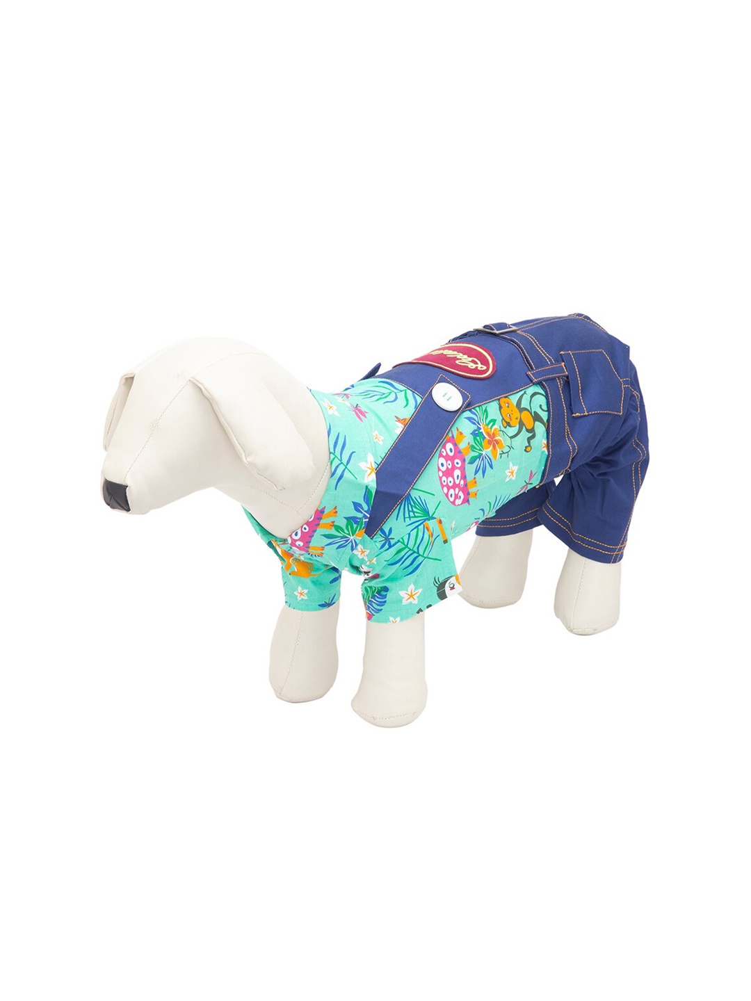 

Lulala Blue & Green Printed Denim Dog Jumpsuit
