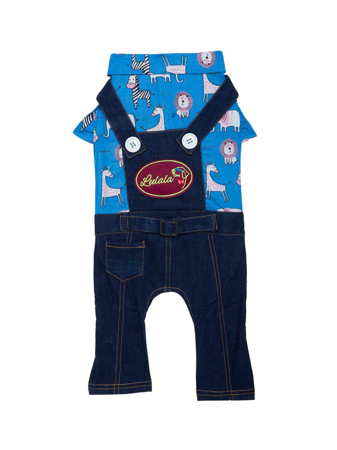 

Lulala Blue Printed Dog Four-Legged Denim Jumpsuit Jean With Pocket