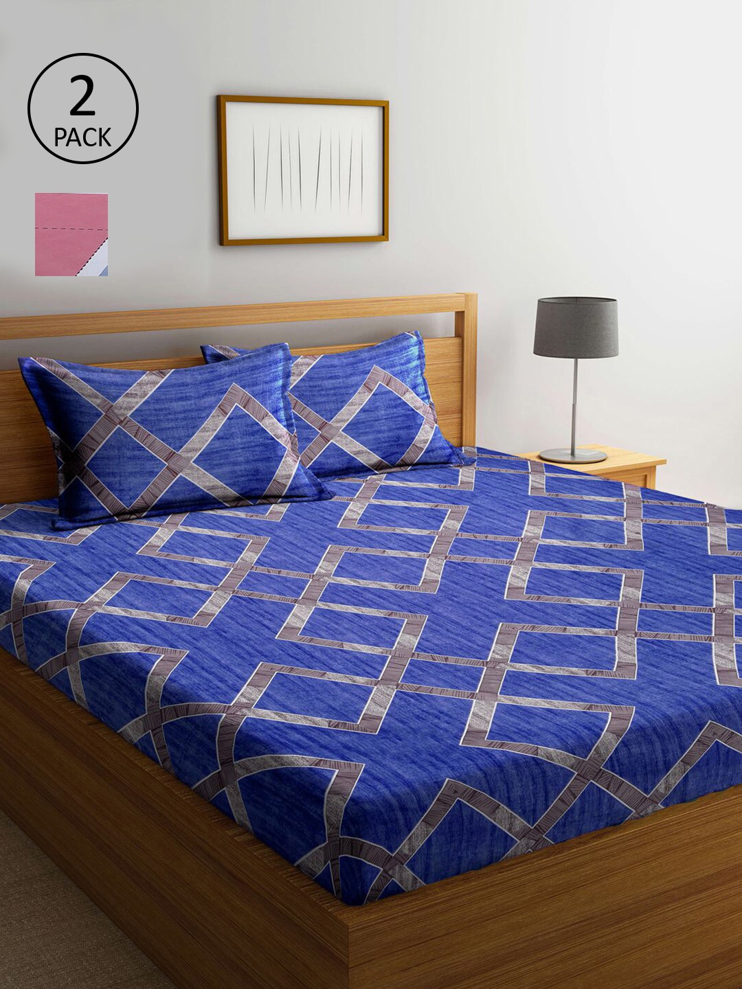 

KLOTTHE Blue & Pink Geometric 210 TC 2 King Bedsheets with 4 Pillow Covers