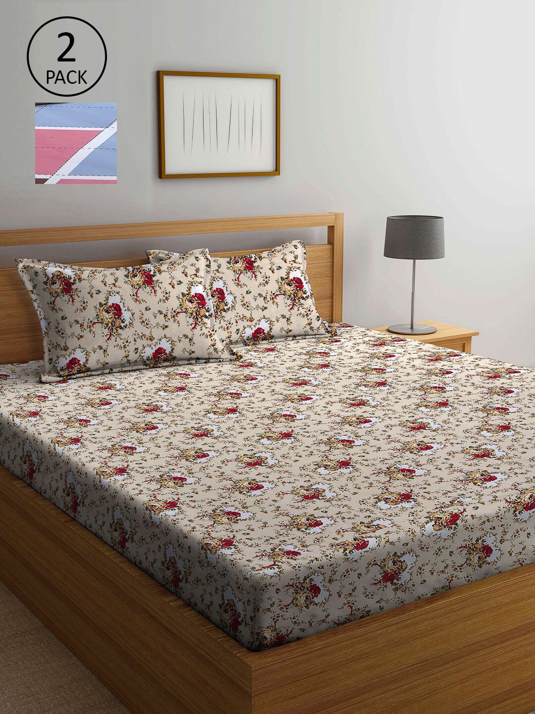 

KLOTTHE Beige & Blue Floral 210 TC 2 King Bedsheet with 4 Pillow Covers
