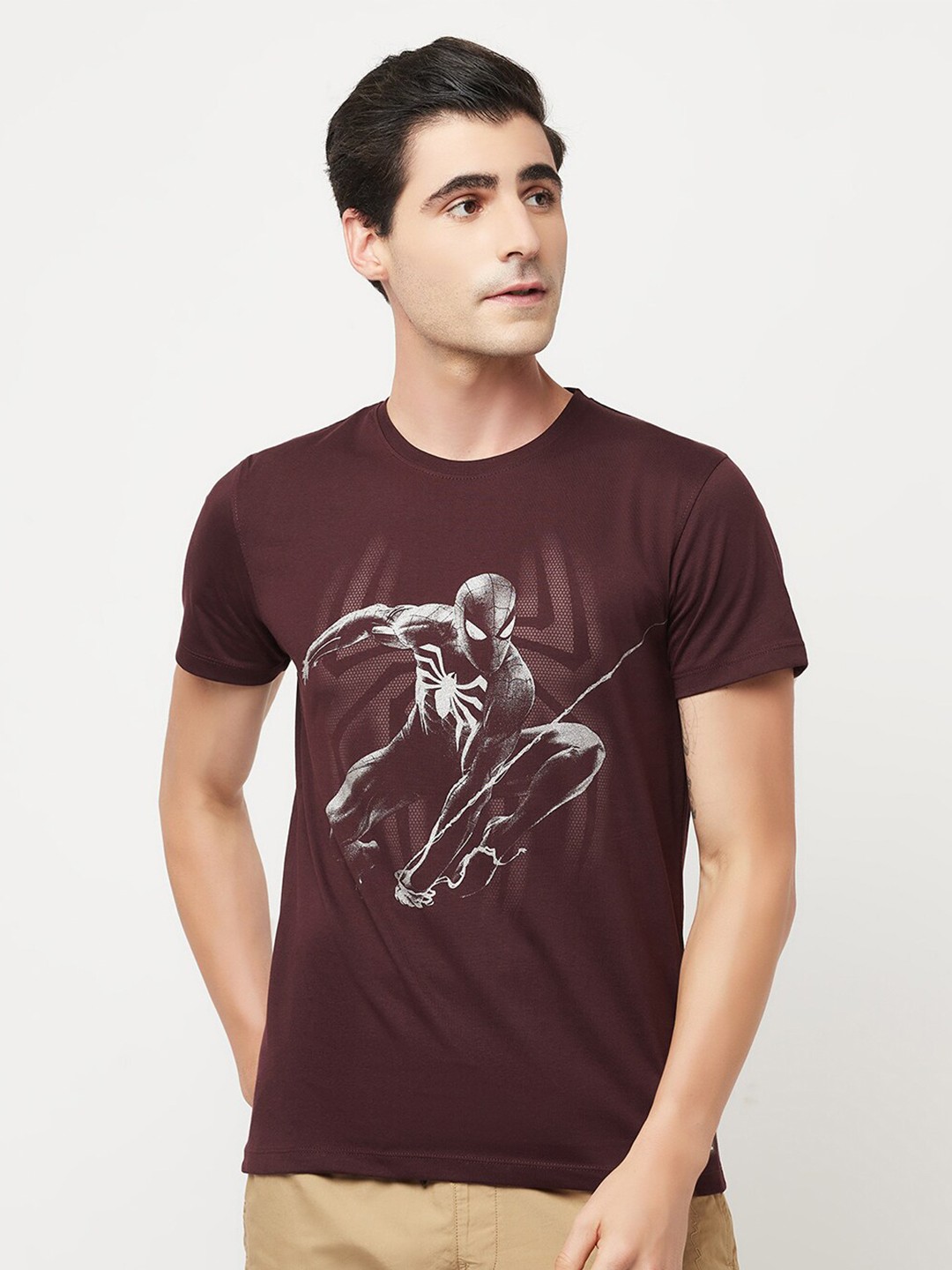 

Octave Men Burgundy & Grey Spider-Man Printed Cotton T-shirt