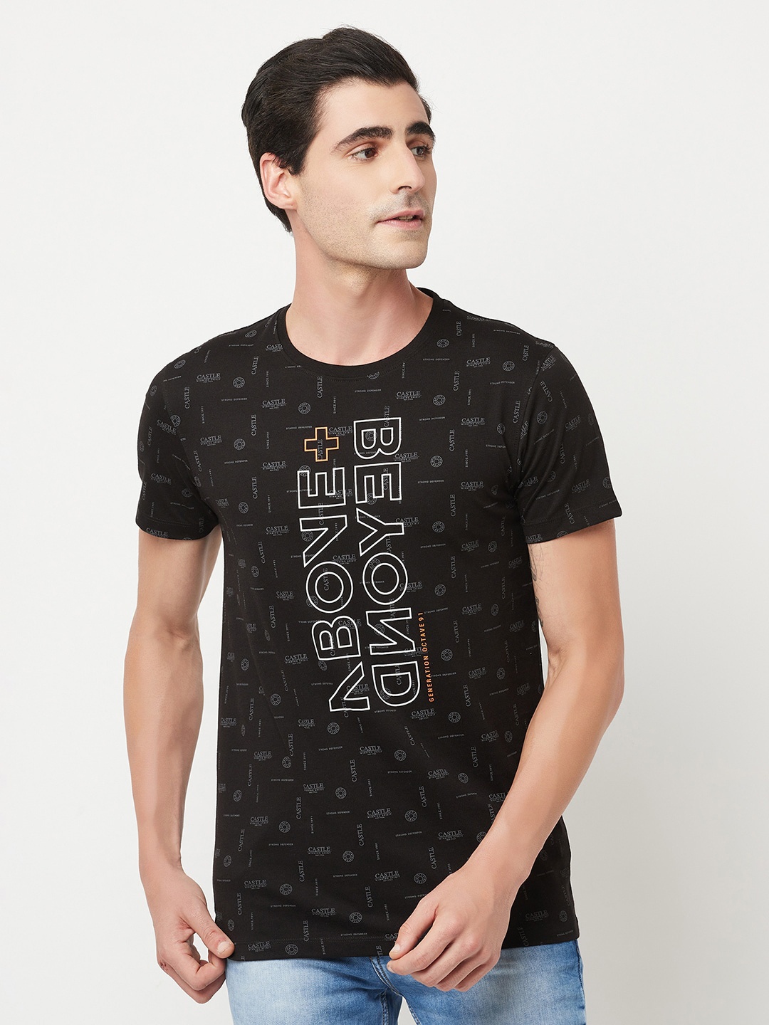 

Octave Men Black Typography Printed Raw Edge T-shirt