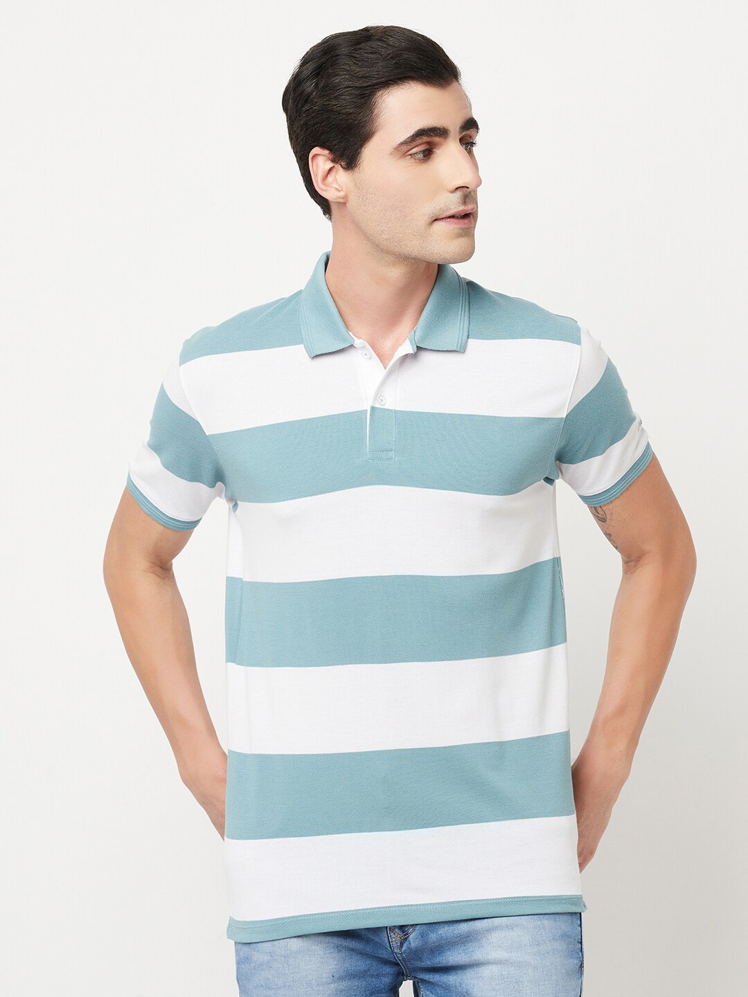 

Octave Men Blue & White Striped Polo Collar T-shirt