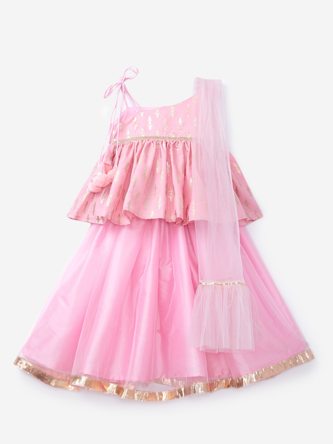 

YK Girls Pink & Gold-Toned Printed Ready to Wear Lehenga & Blouse With Dupatta