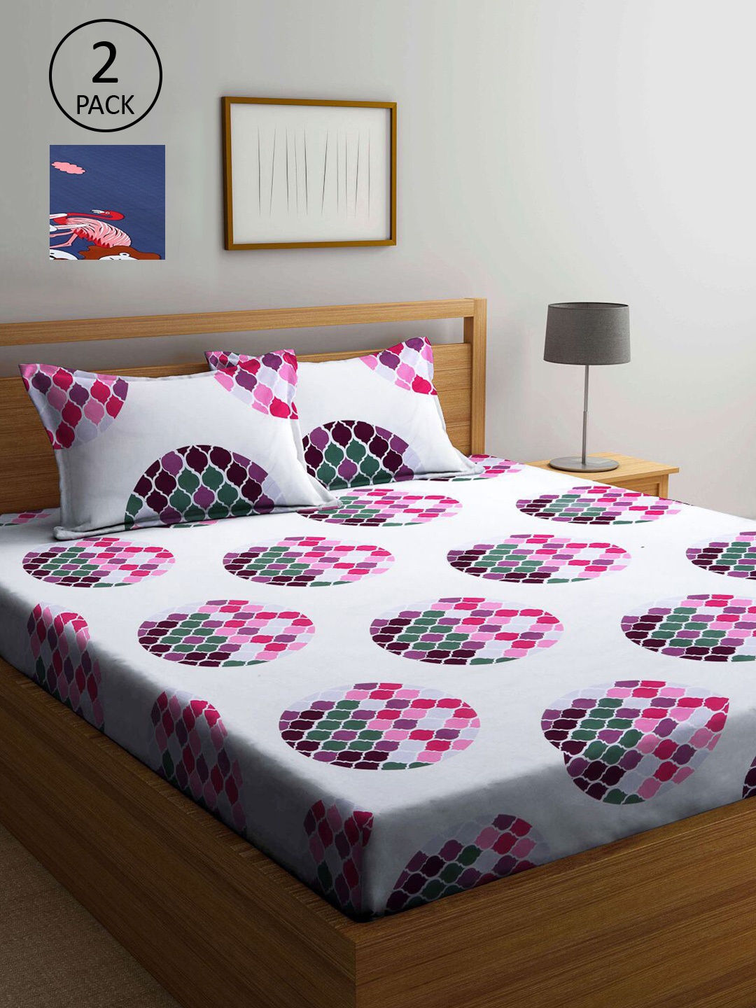 

KLOTTHE Blue & White Geometric Cotton Blend 300 TC 2 King Bedsheets with 4 Pillow Covers