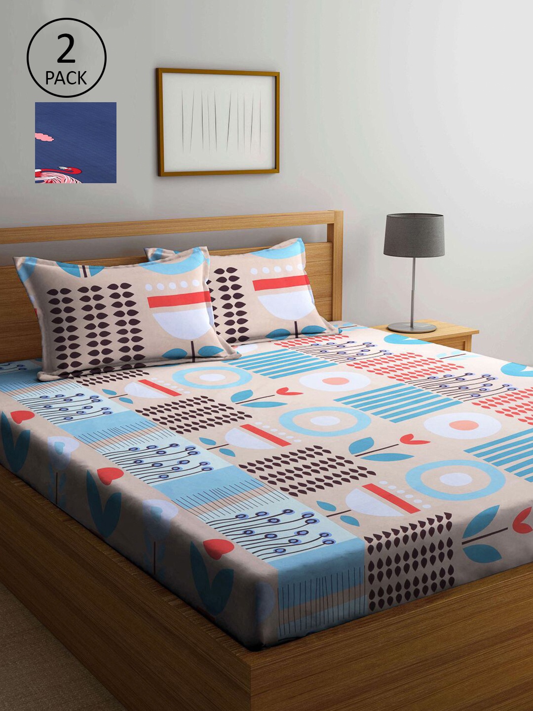 

KLOTTHE Blue & Peach-Coloured Cartoon Characters 210 TC 2 King Bedsheet with 4 Pillow Covers