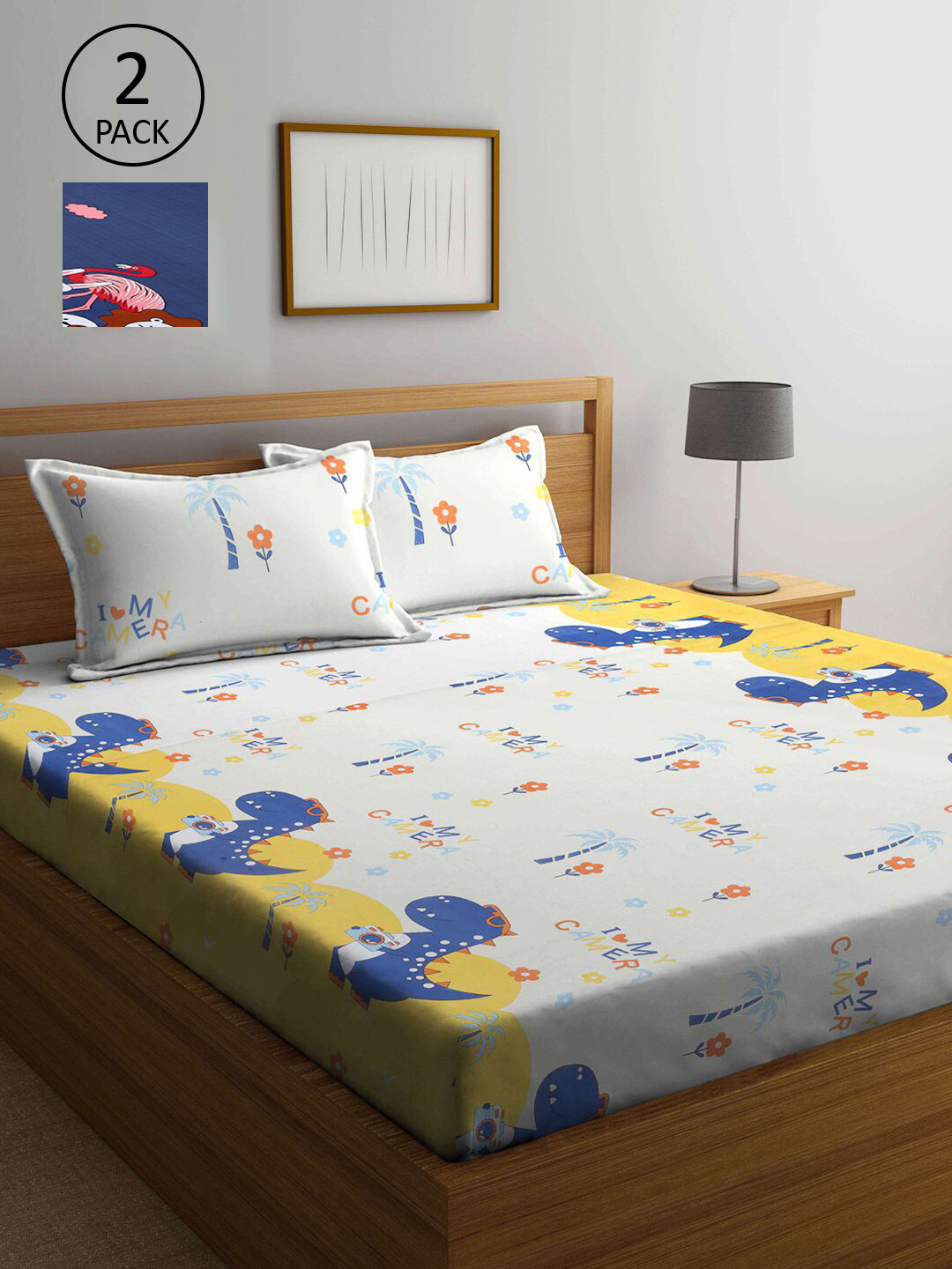 

KLOTTHE Blue & White Cartoon Characters 210 TC 2 King Bedsheet with 4 Pillow Covers
