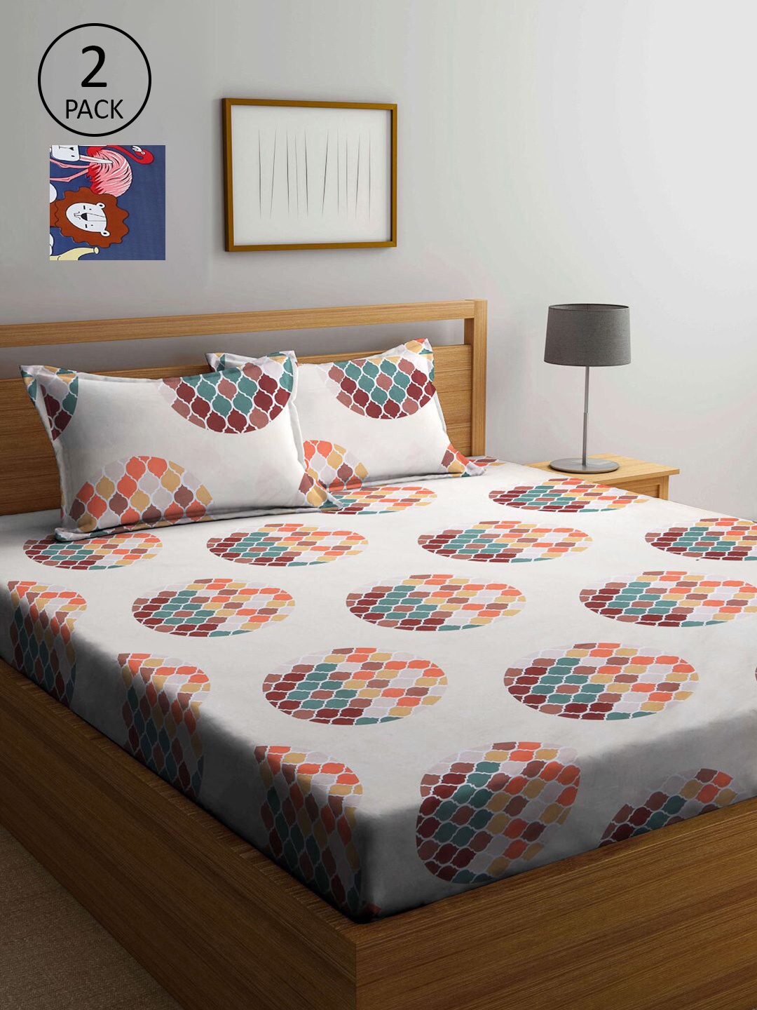 

KLOTTHE Set Of 2 Blue & White Geometric 210 TC King Bedsheet with 4 Pillow Covers