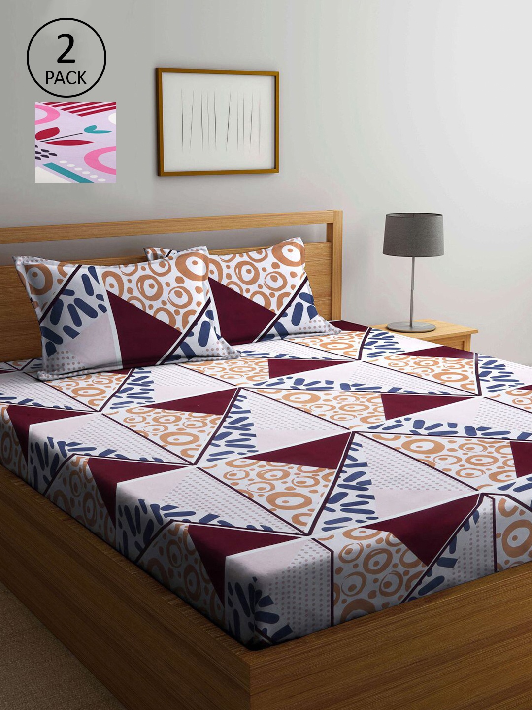 

KLOTTHE White & Mauve Geometric 210 TC 2 King Bedsheet with 4 Pillow Covers