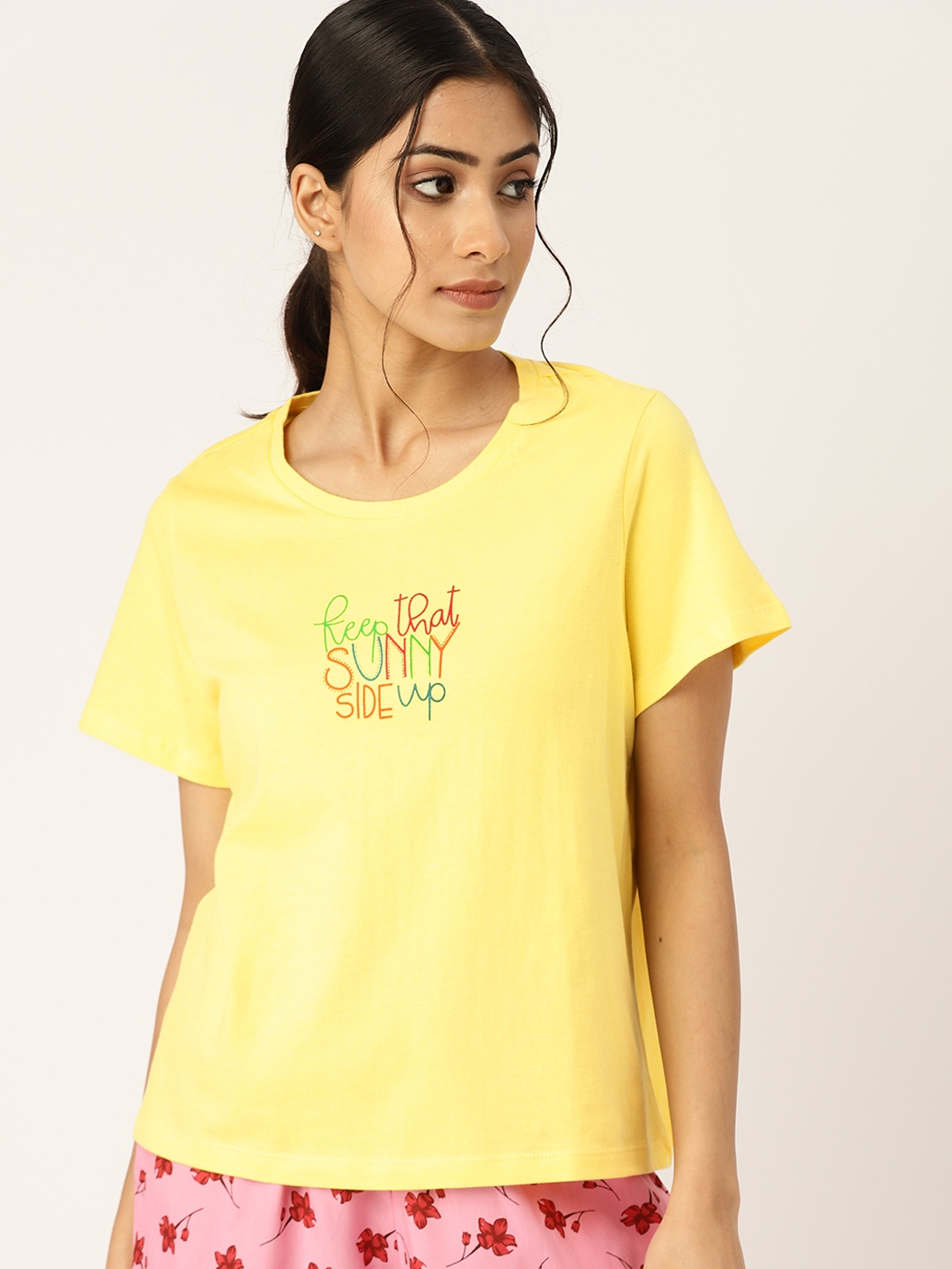 

ETC Women Typographic Printed Pure Cotton Lounge T-shirt, Yellow