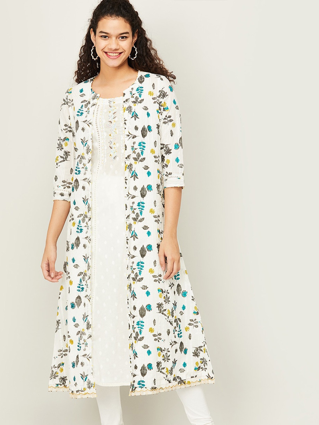 

Melange by Lifestyle Women Off White & Blue Floral Embroidered Kurta With Jacket