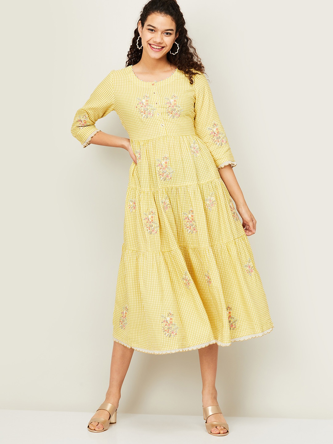 

Melange by Lifestyle Women Yellow Checked Linen A-Line Midi Dress