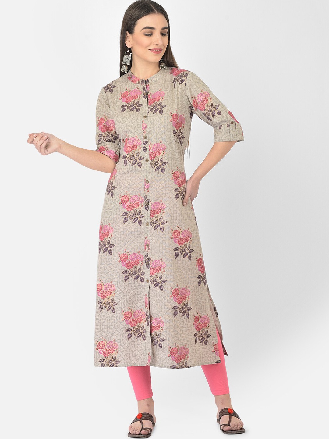 

Pistaa Women Grey Floral Printed A-Line Cotton Kurta