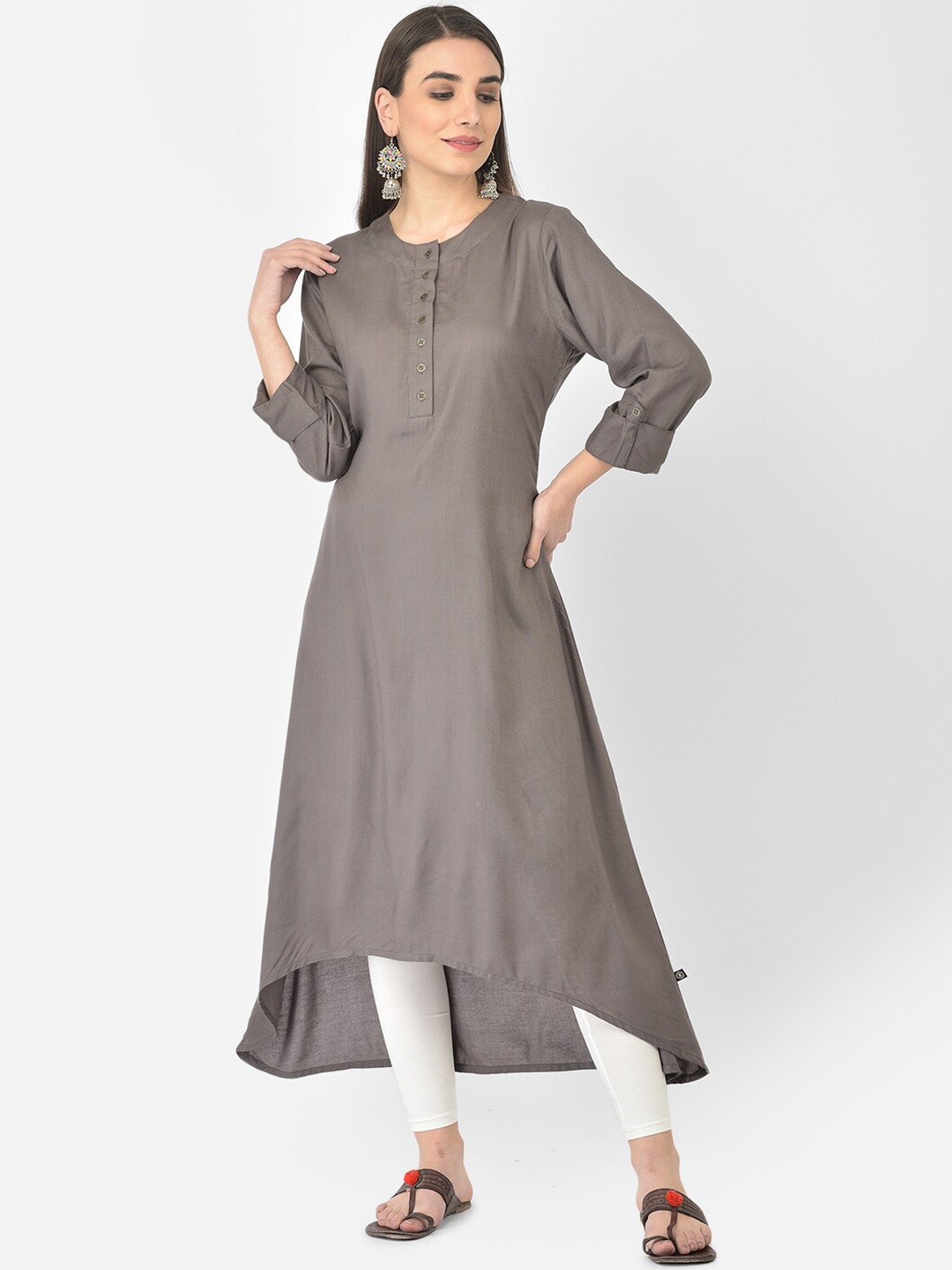 

Pistaa Women Grey Solid High Low Rayon Kurta