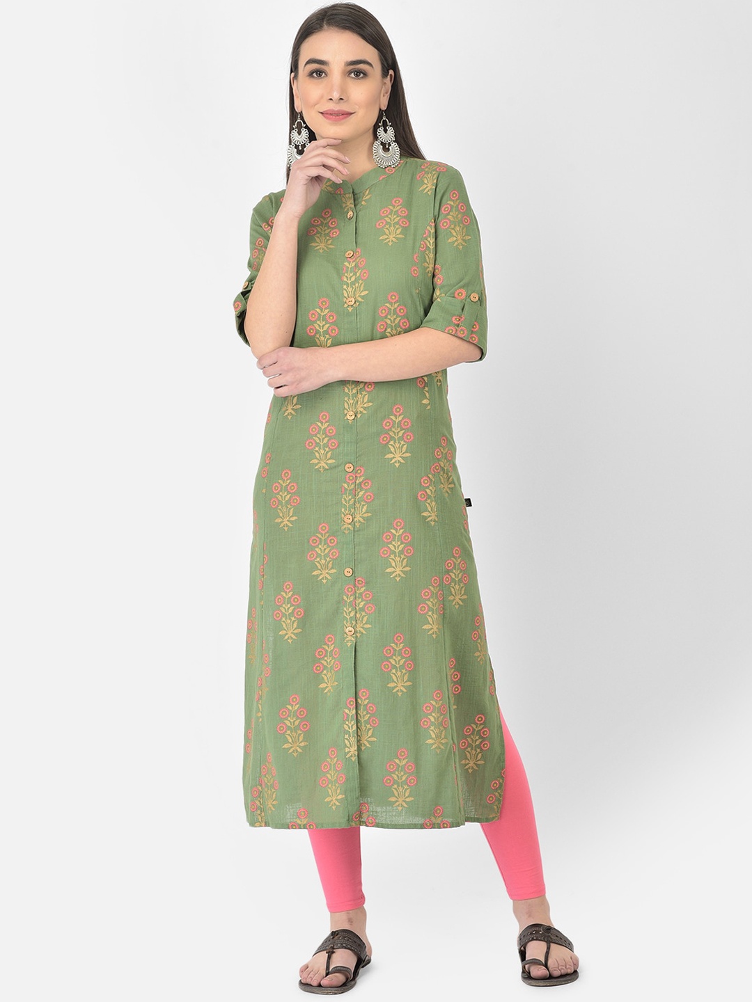 

Pistaa Women Green Floral Printed Cotton Kurta
