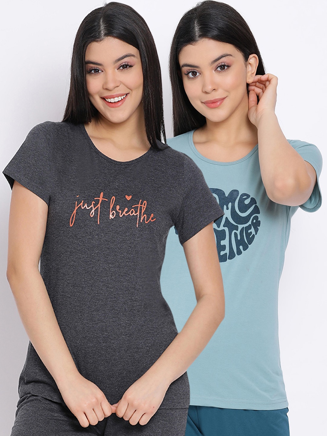 

Kanvin Women Pack Of 2 Printed Pure Cotton Lounge T-shirts, Sea green
