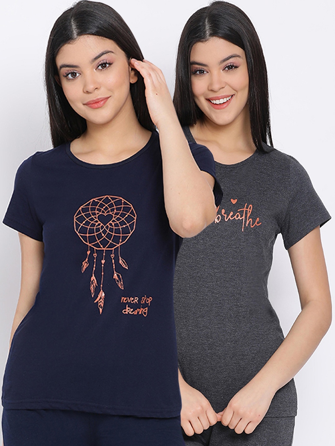 

Kanvin Women Pack Of 2 Printed Pure Cotton Lounge T-shirts, Charcoal