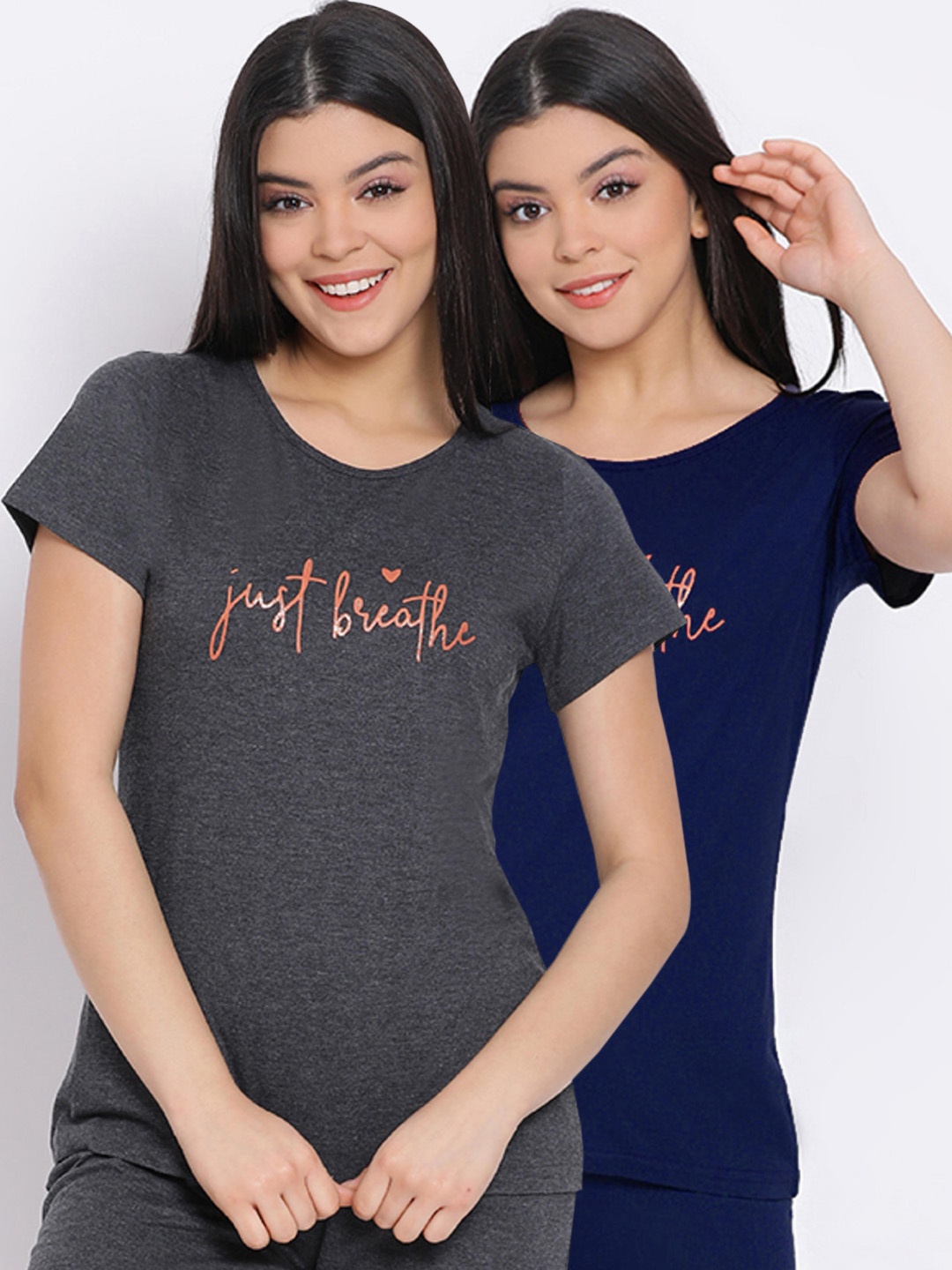 

Kanvin Women Pack Of 2 Printed Pure Cotton Lounge T-shirts, Charcoal