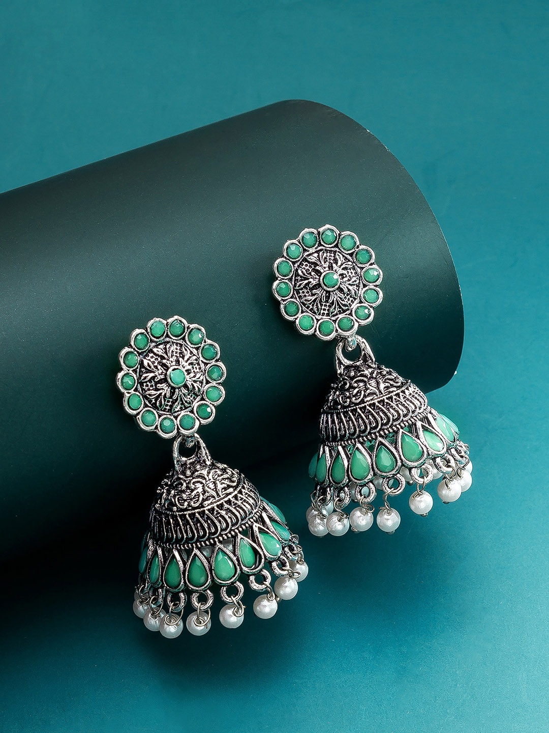 

aadita Oxidised Silver-Plated Green & White Stone Studded & Beaded Jhumkas Earrings