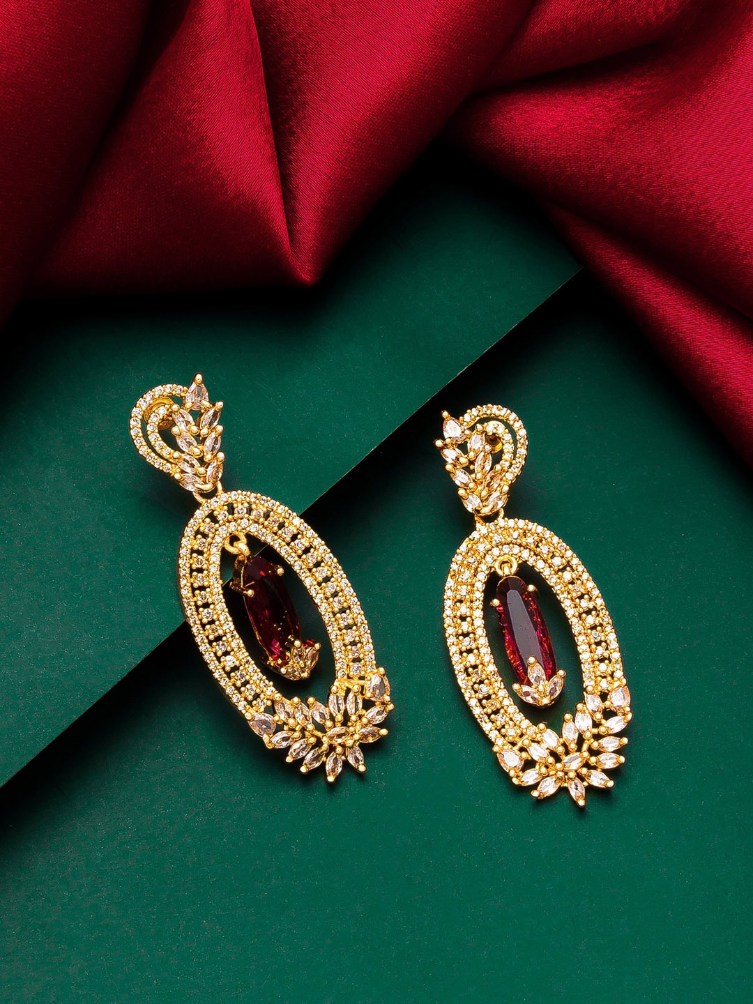 

aadita Gold-Plated & Red Geometric Drop Earrings