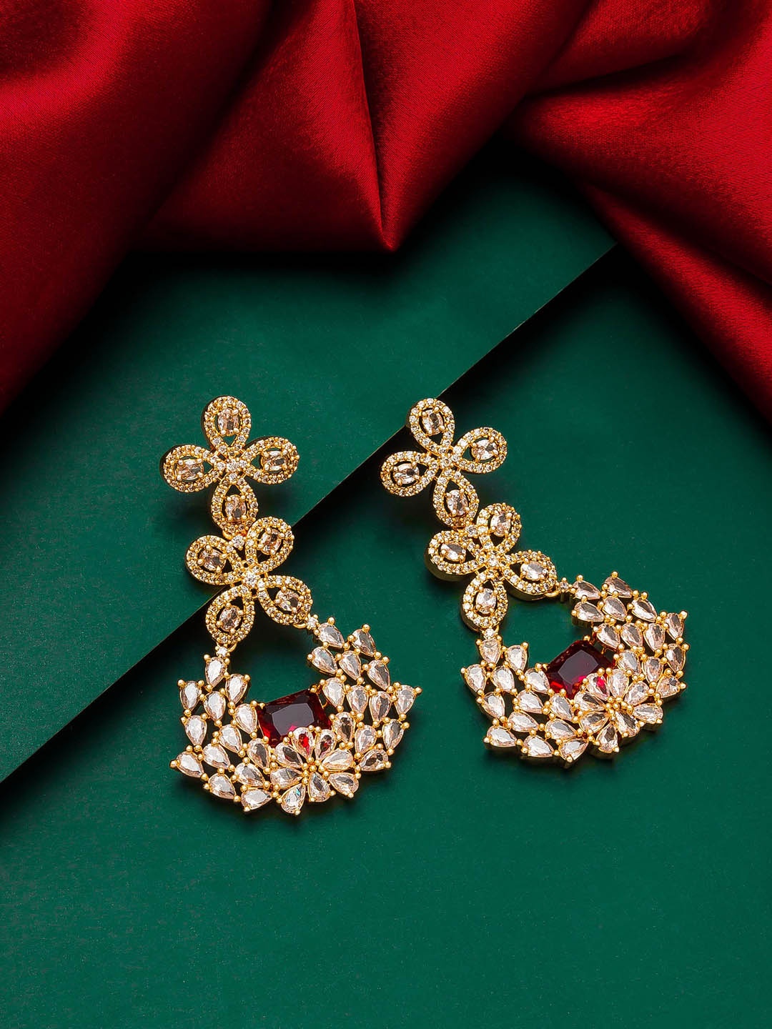 

aadita Gold-Plated White & Red Stone-Studded Drop Earrings