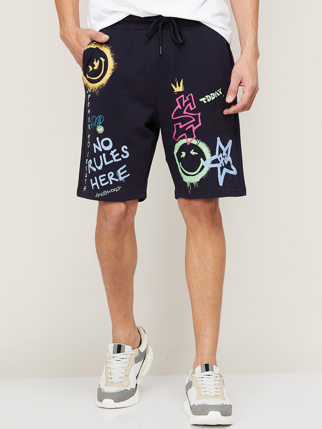 

SmileyWorld Men Navy Blue Printed Slim Fit Shorts