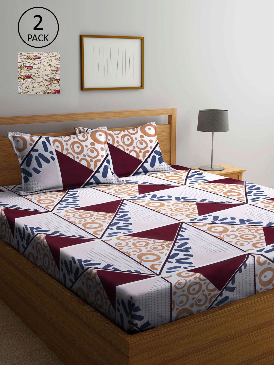 

KLOTTHE Off White & Beige Geometric Printed 300 TC 2 King Bedsheet with 4 Pillow Covers