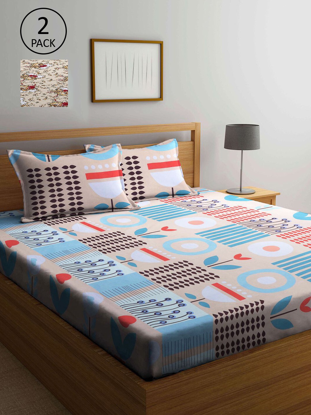 

KLOTTHE Set Of 2 Multicoloured Geometric 300 TC King Bedsheet with 4 Pillow Covers, Multi