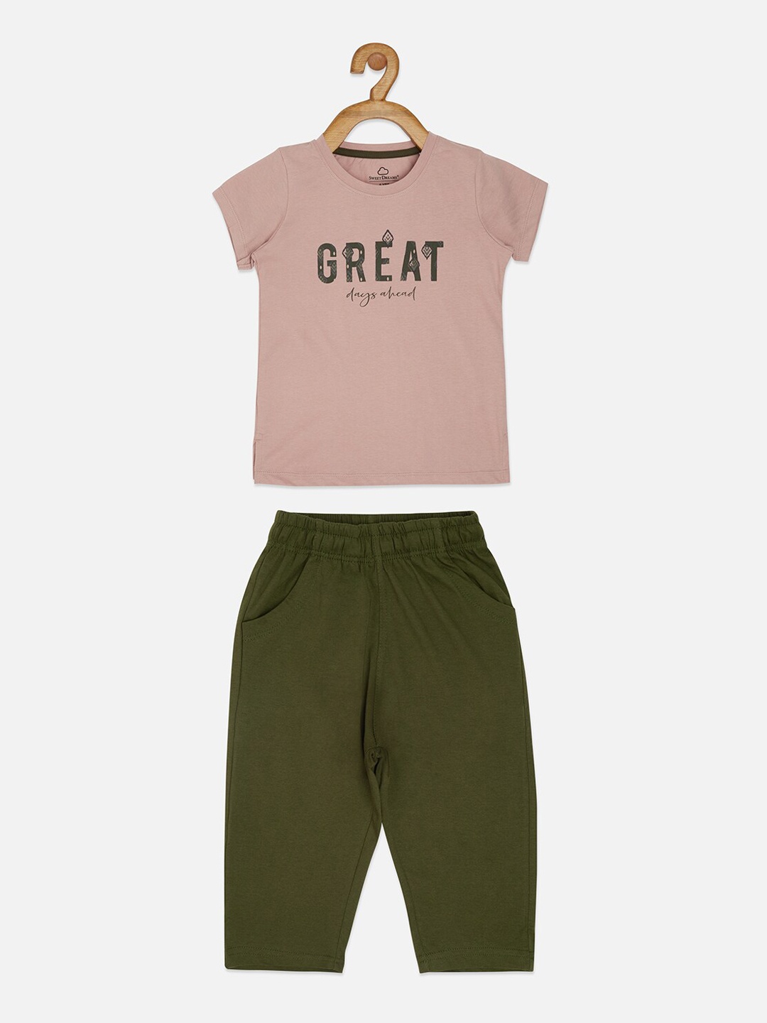 

Sweet Dreams Girls Pink & Olive Green Printed Night suit