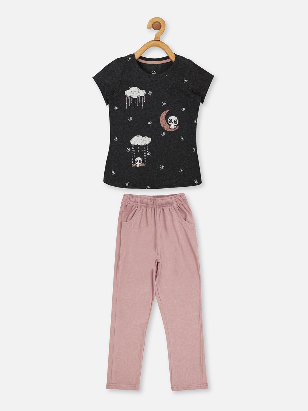 

Sweet Dreams Girls Charcoal & Pink Printed Night suit