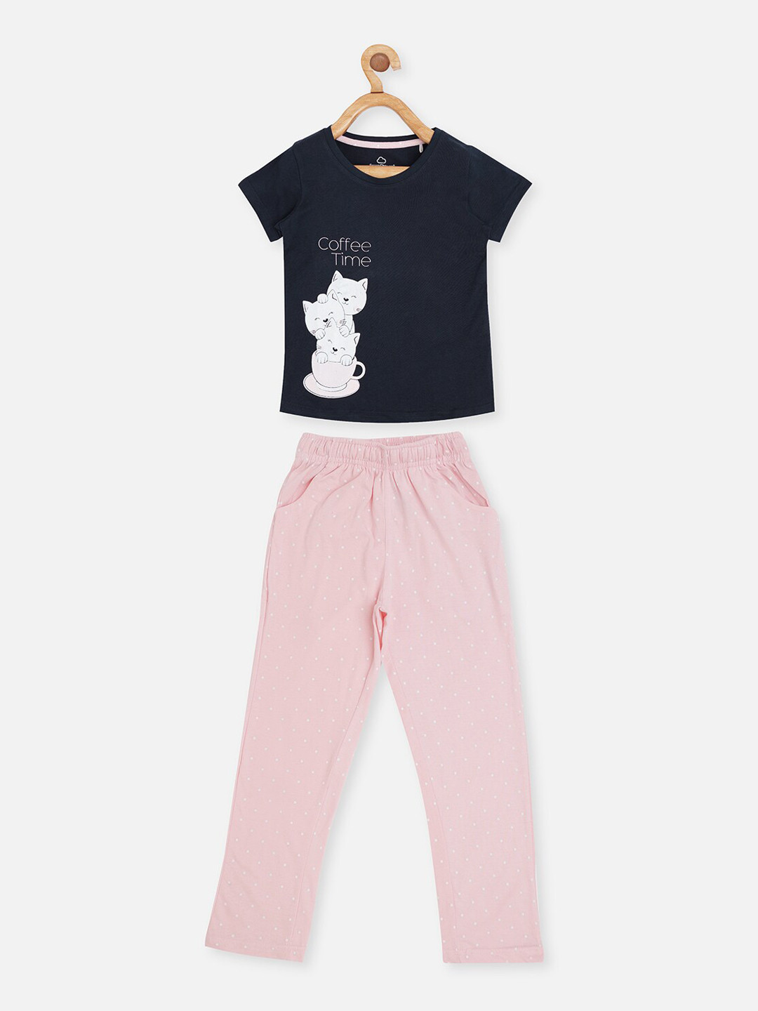 

Sweet Dreams Girls Navy Blue & Pink Printed Night suit
