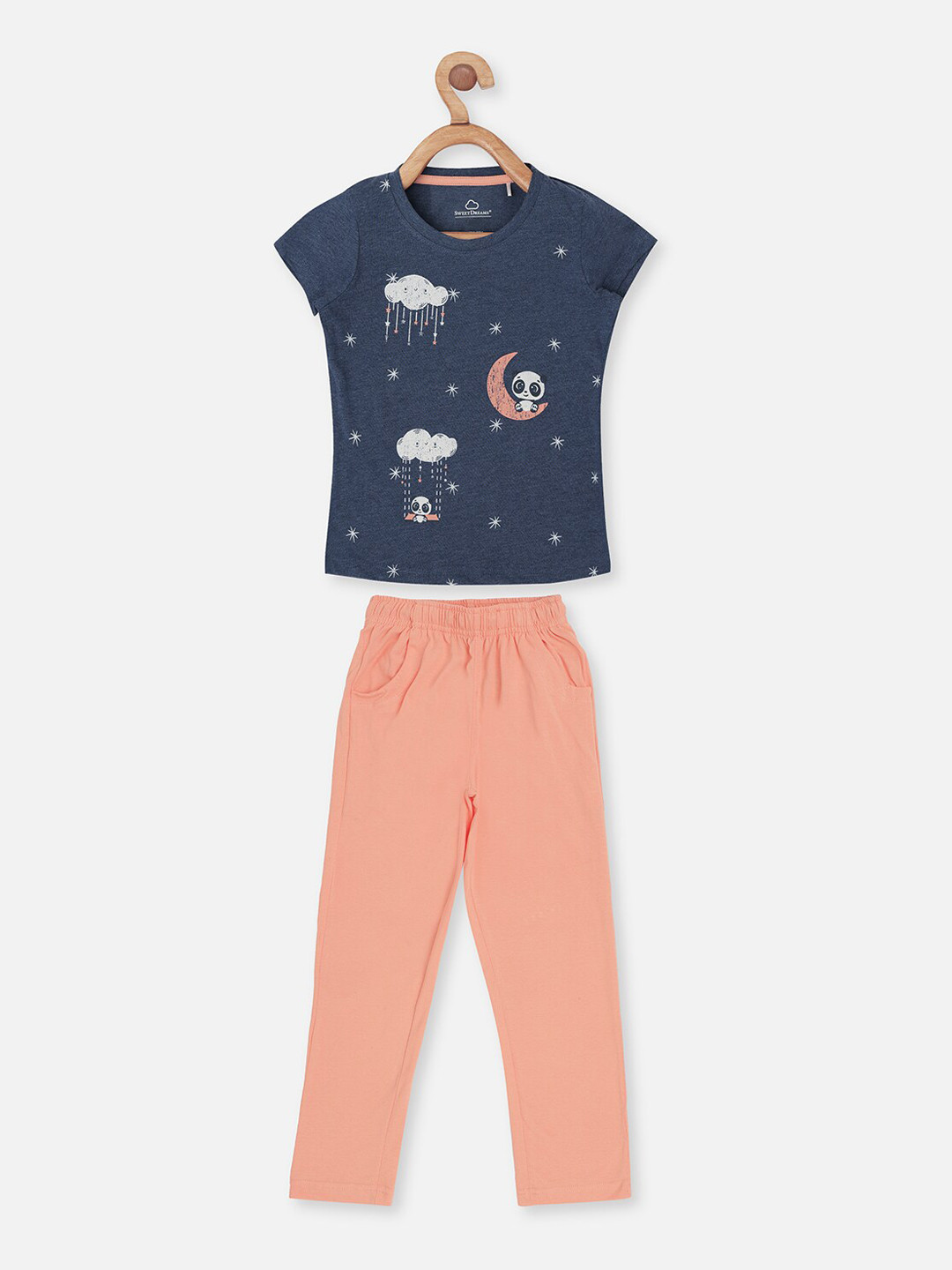 

Sweet Dreams Girls Navy Blue & Peach-Coloured Printed Night suit