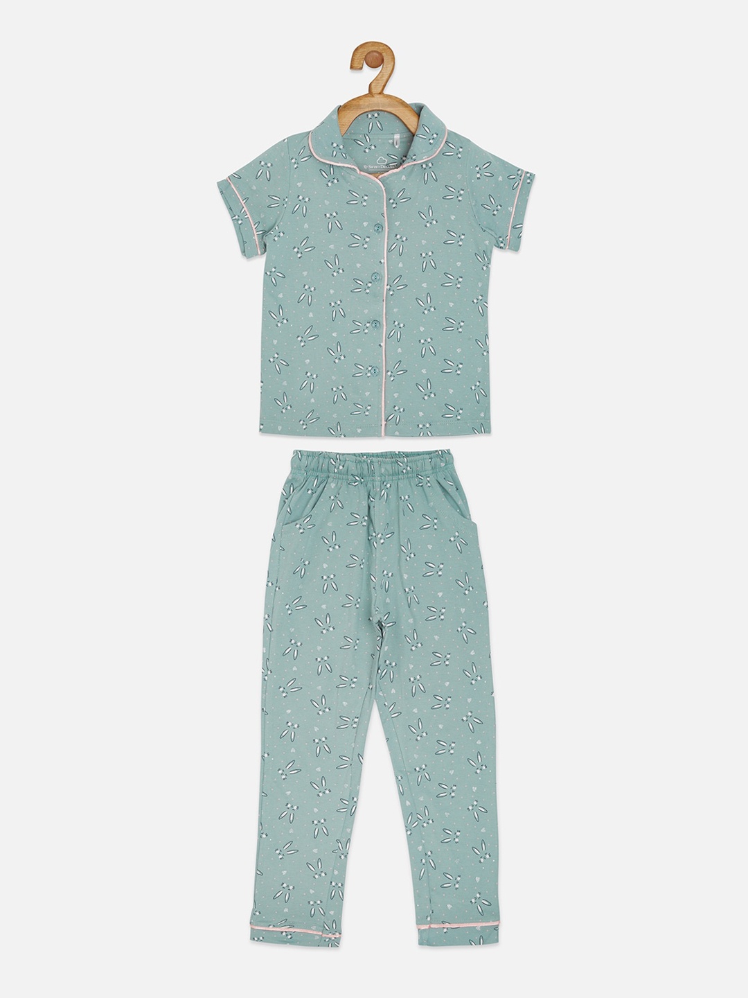 

Sweet Dreams Girls Green & White Printed Night suit