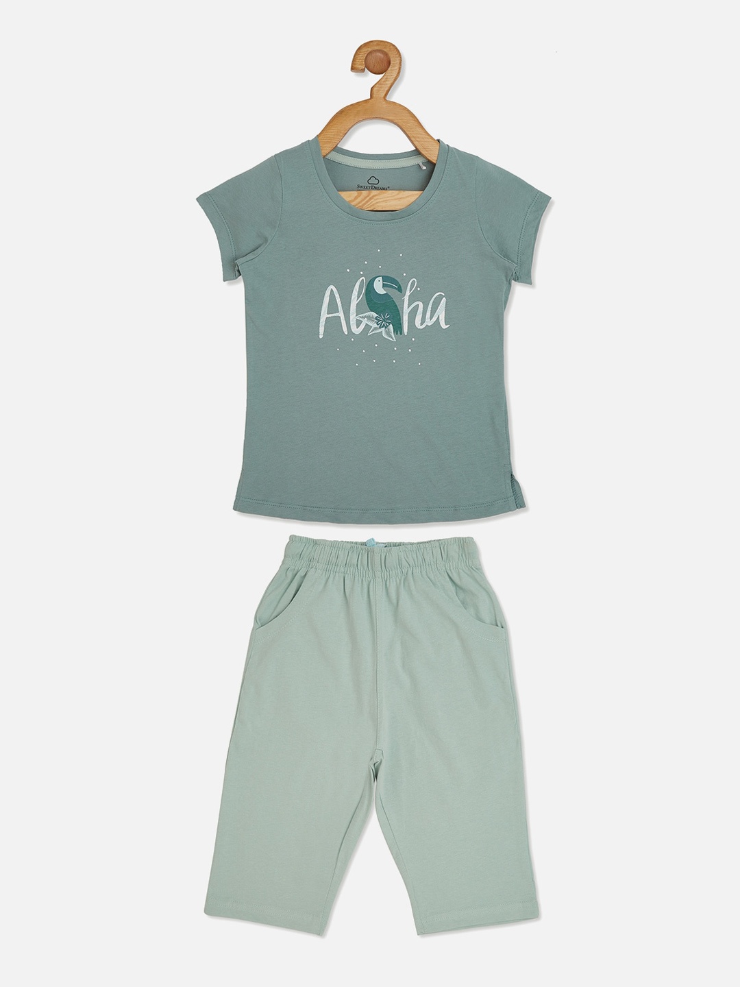 

Sweet Dreams Girls Teal & Grey Printed Night Suit