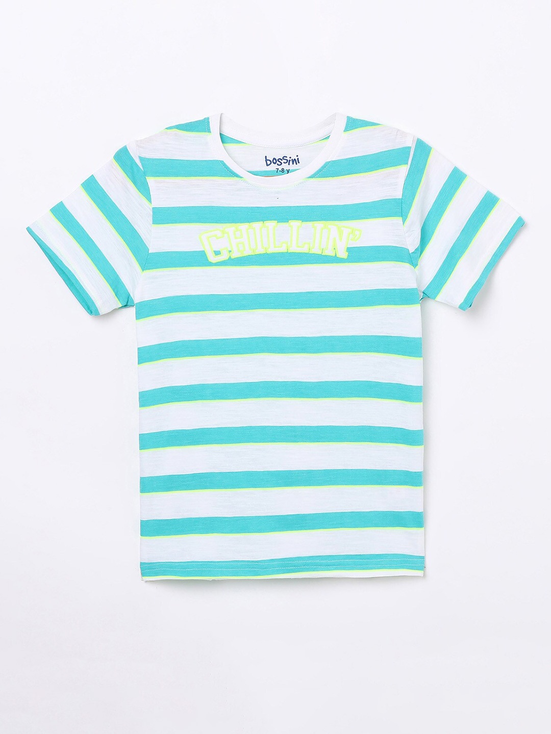 

Bossini Boys White & Turquoise Blue Striped Pure Cotton T-shirt