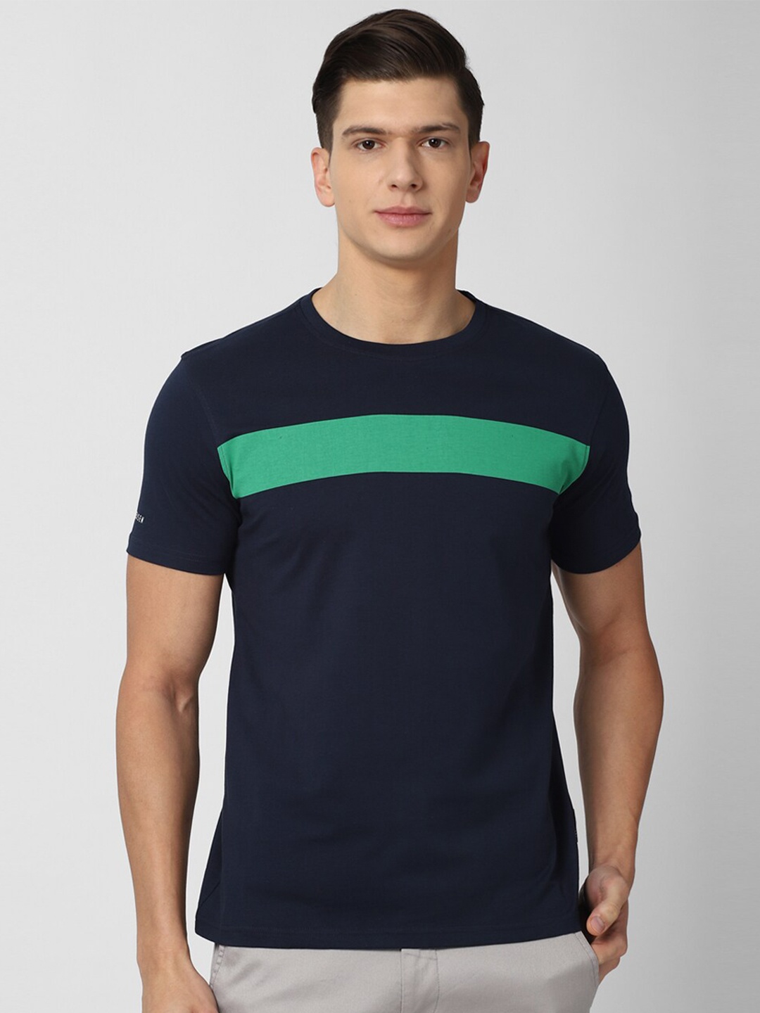 

Van Heusen Sport Men Navy Blue & Green Striped Pure Cotton T-shirt