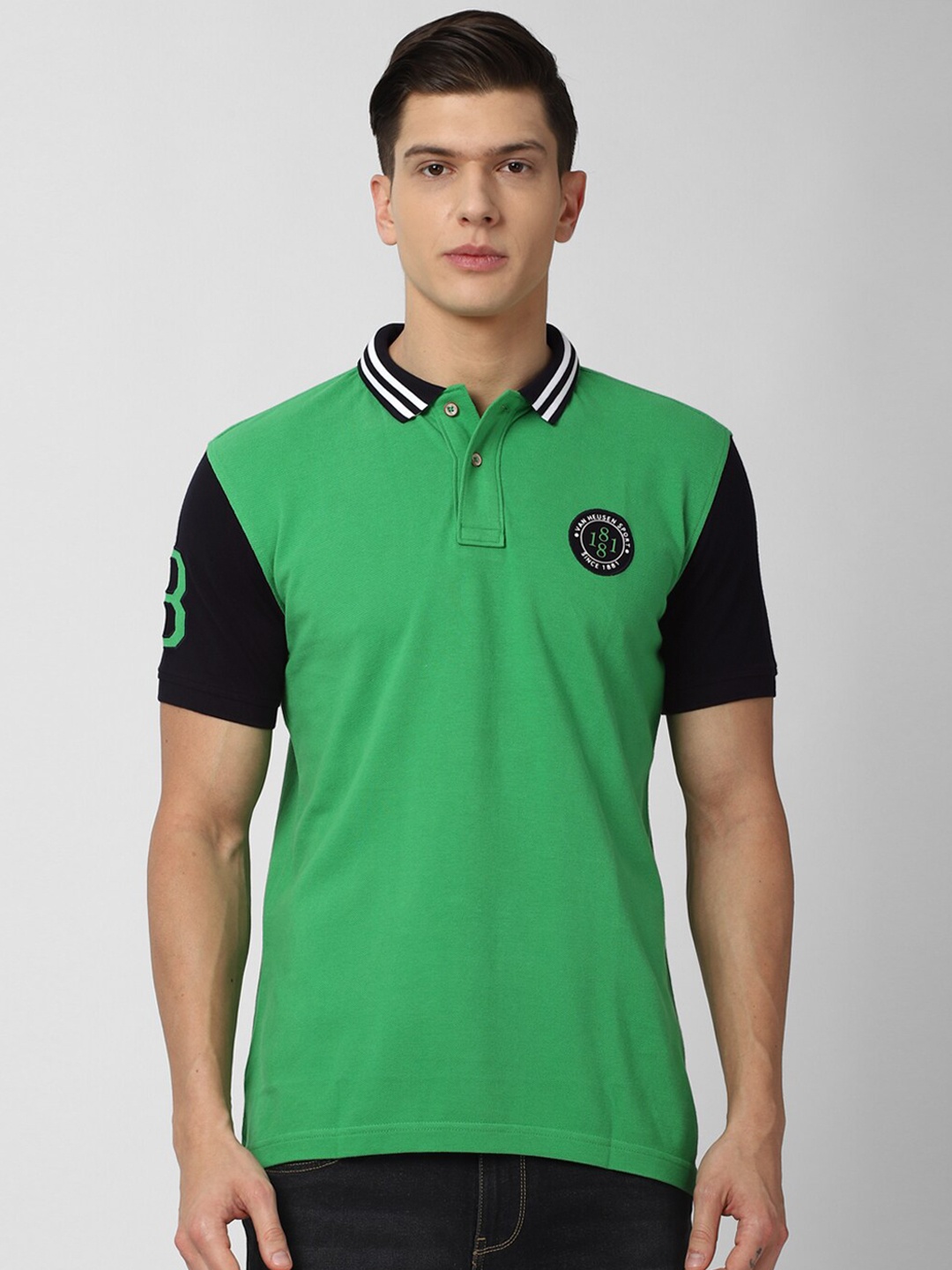 

Van Heusen Sport Men Green & Black Polo Collar Applique Pure Cotton T-shirt