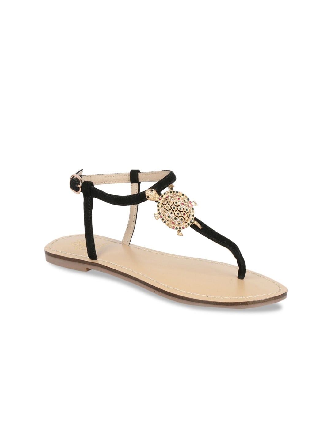 

Saint G Women Black & Gold-Toned Leather T-Strap Flats