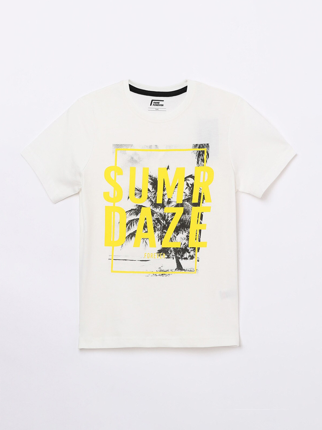 

Fame Forever by Lifestyle Boys White Typography Printed Pure Cotton Applique T-shirt