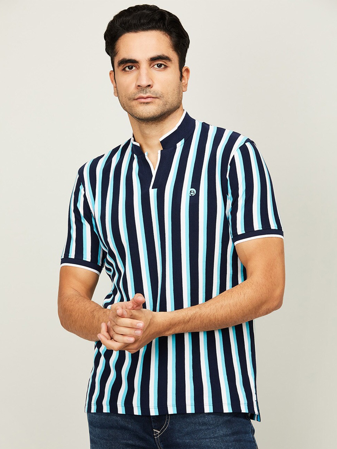 

Bossini Men Navy Blue & White Striped Polo Collar T-shirt